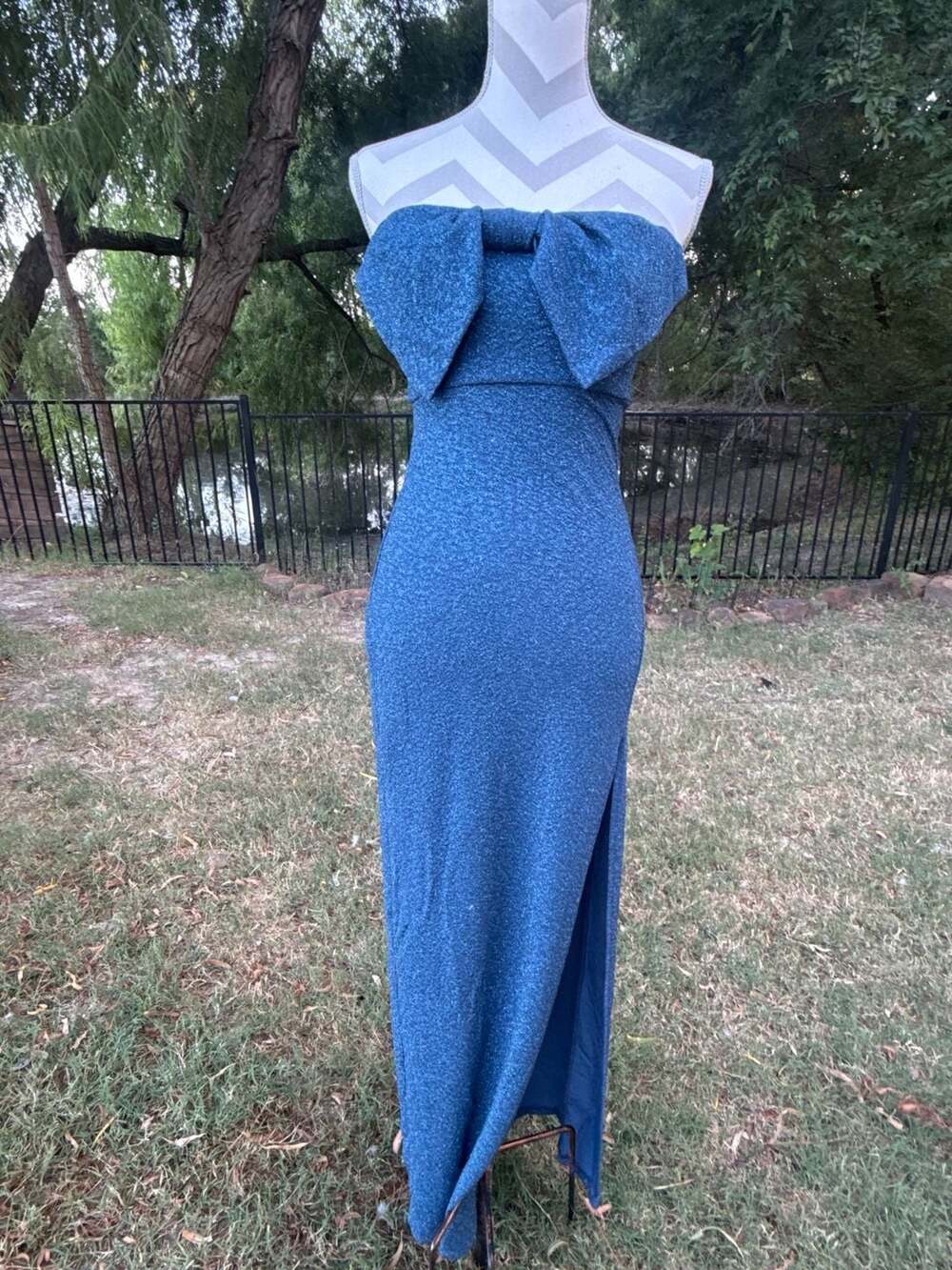 Lovely Day Medium Maxi Dress Blue Glitter Strapless Bow Detail and Side Slit